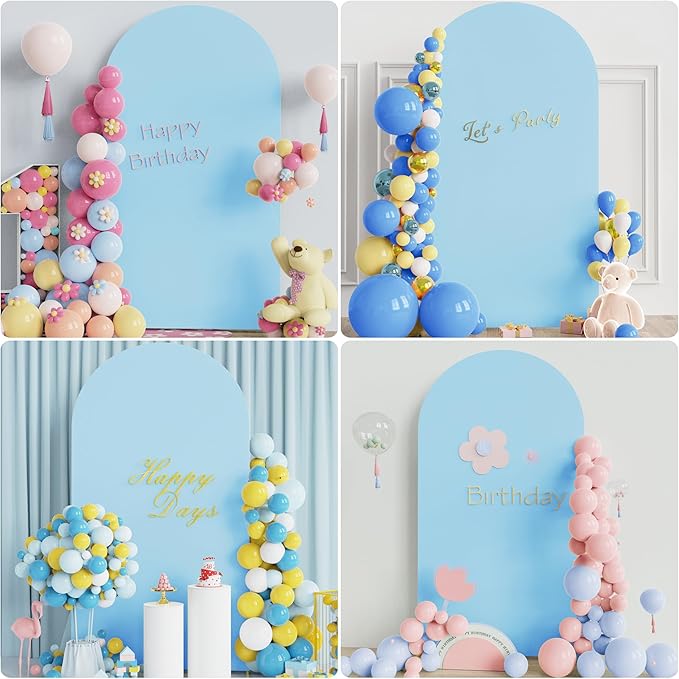 Putros 7.2ft Metal Arch Stand with Cover Dusty Blue Spandex Fitted Wedding Arch Cover and Round Top Chiara Backdrop Stand Set for Birthday Party Baby Shower Decoration