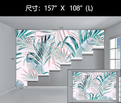 WFBHUA-Pink and Green Palm Leaf Wallpaper Large Self Adhesive Mural for Girls' Rooms 157“x108
