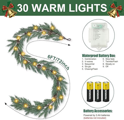 Artgar Christmas Cedar Garland, 6 Ft Realistic Pine Garland, Prelit Christmas Garland with 30 Warm Lights with 8 Light Modes for Mantels Stair Table Indoor Outdoor Winter Xmas Decor (White-Green)