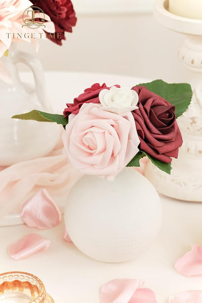 TINGE TIME Artificial Flowers Burgundy & Pink Flower Combo for DIY Wedding Bouquets Table Centerpieces Arrangements Party Baby Shower Home Decorations