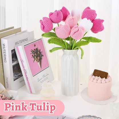 10 Pcs Crochet Tulip Flowers Artificial Flowers Bouquet Finished Handmade Knitted Tulip Bouquets with Leave and Long Stem for Home Centerpieces Decor Valentine's Day Wedding Anniversary (Pink tulips)
