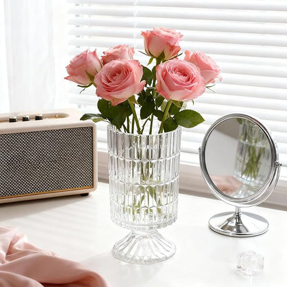 Pedestal Glass Vase, Textured Crystal Vase for Flowers, Bouquet, Vintage Transparent Vases 6.7 Inch, Decorative Flower Vases for Centerpieces, Dining Table, Home Decor, Office, Wedding, Party