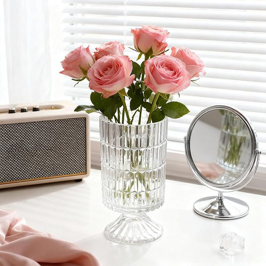 Pedestal Glass Vase, Textured Crystal Vase for Flowers, Bouquet, Vintage Transparent Vases 6.7 Inch, Decorative Flower Vases for Centerpieces, Dining Table, Home Decor, Office, Wedding, Party