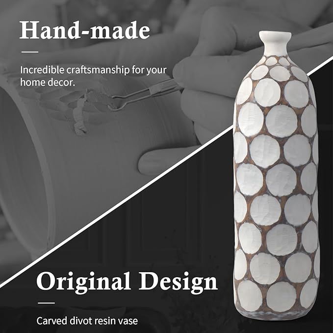 Modern Large Floor Vase,White Resin Vase with Carved Divots for Home Decor,22.2'' Tall Flower Vases for Entryway Living Room
