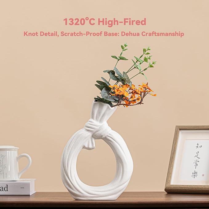 White Ceramic Vase with Knot & Loop Design - 10" Unique Flower Vase for Pampas Grass & Centerpieces, Decorative Boho/Farmhouse Vase for Living Room, Office Desk & Housewarming Gift (for Her/Yourself)