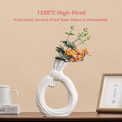 White Ceramic Vase with Knot & Loop Design - 10" Unique Flower Vase for Pampas Grass & Centerpieces, Decorative Boho/Farmhouse Vase for Living Room, Office Desk & Housewarming Gift (for Her/Yourself)