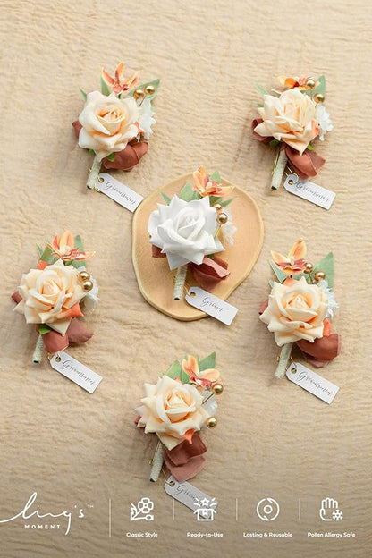 Ling's moment Boutonniere for Men, 6pcs Groom Groomsmen Boutonniere, Artificial Flowers for Wedding Decor/Prom/Homecoming, etc.Terracotta White