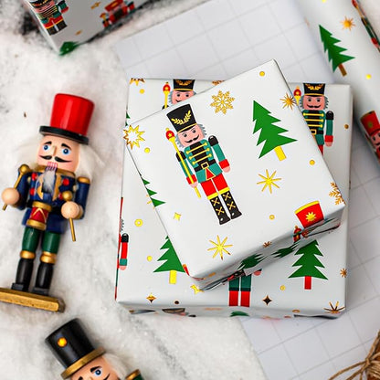 Yarcony Nutcracker Wrapping Paper Roll, White Christmas Wrapping Paper, Metallic Foil Elegant Christmas Tree, Nutcracker Gift Wrap for Holiday, New Year, Celebrations (Mini Roll, 17 Inch X 33 Feet)