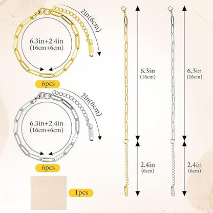 Starry 12 PCS Charm Bracelet Kit 18K Gold Plated Charm Bracelet Making Kit 6.3Inch Paperclip Chains Bracelets with Lobster Clasps Extender Chain DIY Adjustable for Jewelry Making (Gold & Silver)