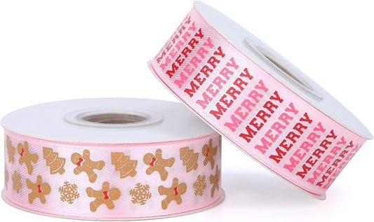 Gingerbread Ribbon 7/8 Inch 20 Yards Pink Merry Christmas Candy Cane Craft Ribbon for Gift Wrapping Wreath Bow DIY Crafts Supplies