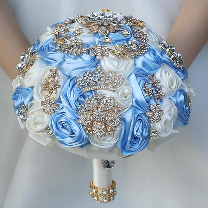 Handmade Satin Rose Floral Bling Pearl Decor Bridal Wedding Bouquet Rhinestone Pendant Artificial Brooch Flowers for Bride Bridesmaid Quinceanera