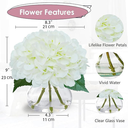 Big Petals Hydrangea Artificial Flowers in Vase, White Silk Fake Flowers Silk Centerpiece Table Decorations for Dining Room,Coffee Table Decor,Wedding, Home with Faux Water Decor (New White)