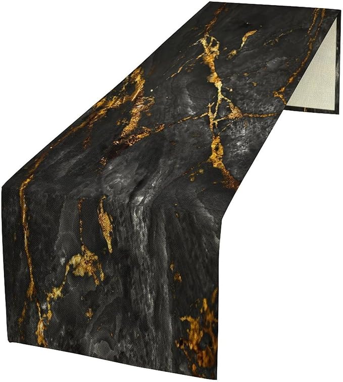 Black Grey Marble Table Runner Abstract Black Grey Gold Veins Marble Pattern Seasonal Dinner Runner Table Decoration for Farmhouse Home Kitchen Dining Holiday Party 13x60in