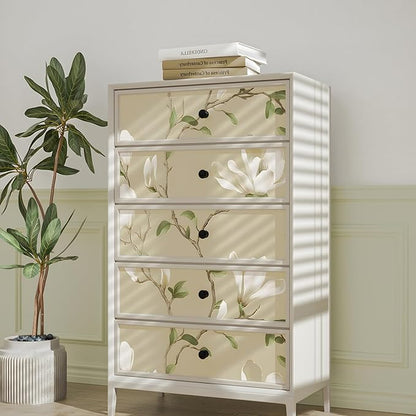 Floral Wallpaper Peel and Stick 17.5in x 32.8ft Vintage Leaf Contact Paper Khaki Magnolia Branches Flower Vinyl Self Adhesive Waterproof Leaf Wall Paper for Bathroom Bedroom Walls Furniture Decor