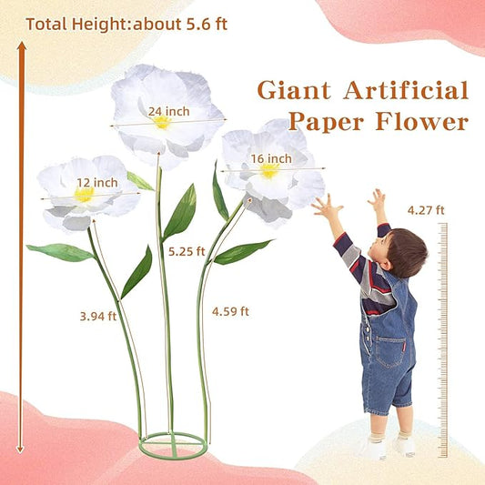 5.9 Ft Large Paper Artificial Flowers,Giant Flowers for Decoration,Standing Huge Handcrafted Poppy Flowers for Garden,Hotel,Office,Photography Props,Wedding,Art Gallery,Shop Window Display(B-White)
