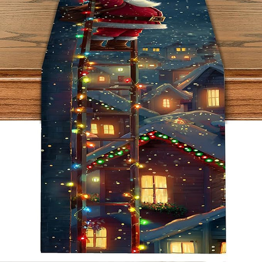 Christmas Table Runner– Festive Santa Claus Climbing Ladder Design with Holiday Lights & Snowy Village, Winter Table Decoration for Dining Table, Kitchen, Party & Home Décor