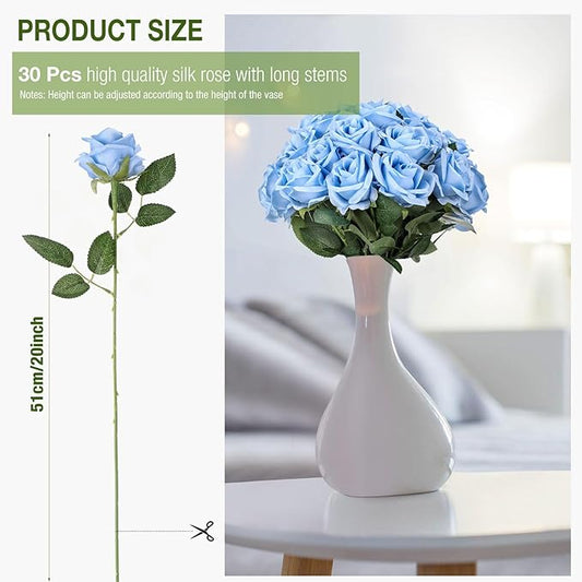 30 Pcs Rose Artificial Flowers in Bulk Real Touch Long Stem Silk Roses Bouquets Realistic Faux Flowers for Wedding Bridal Shower Home Decor Floral Arrangements Table Centerpiece(Light Blue)
