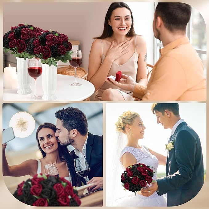 80 Pcs Roses Artificial Flowers, Silk Black & Red Artificial Flowers Petals Long Stem Roses for Wedding Bouquet Home Party Decor