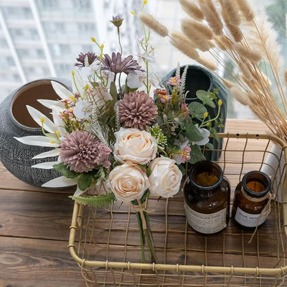 16-inch Artificial Fake Flowers Silk Table Arrangements Faux Plastic Floral Centerpieces for Home Kitchen with Roses, Dandelions, Chrysanthemum, Phalaenopsis, Eucalyptus, Sages, Orchids