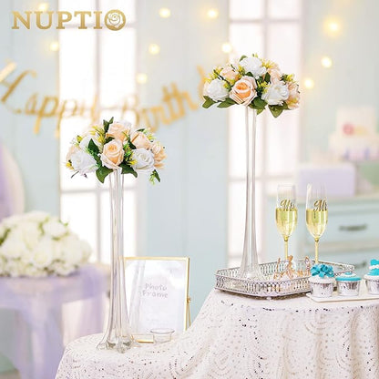 NUPTIO Artificial Flower Centerpieces for Tables: 10 Pcs Peachy Champagne & White Flower Ball Arrangement for Wedding Party - 9.5 Inch Diameter Floral Rose for Bridal Shower Decor