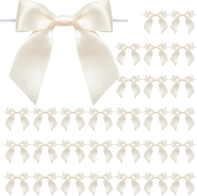 WRAPAHOLIC 30 Pcs 3" Ivory Satin Ribbon Bows with Twist Tie - Pretied Premade Craft Bows for Christmas Party Crafts Treat Bags Gift Wrapping Wedding Birthday Baby Shower