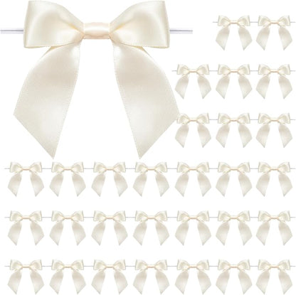 WRAPAHOLIC 30 Pcs 3" Ivory Satin Ribbon Bows with Twist Tie - Pretied Premade Craft Bows for Christmas Party Crafts Treat Bags Gift Wrapping Wedding Birthday Baby Shower