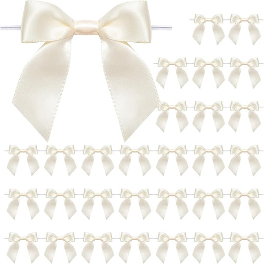 WRAPAHOLIC 30 Pcs 3" Ivory Satin Ribbon Bows with Twist Tie - Pretied Premade Craft Bows for Christmas Party Crafts Treat Bags Gift Wrapping Wedding Birthday Baby Shower