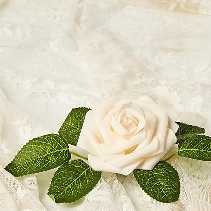 Artificial Flowers, 50pcs Creamy Yellow and Ivory Artificial Rose for DIY Wedding Bouquets Centerpieces Arrangements, Fake Flower with Stems for Party Home Decorations