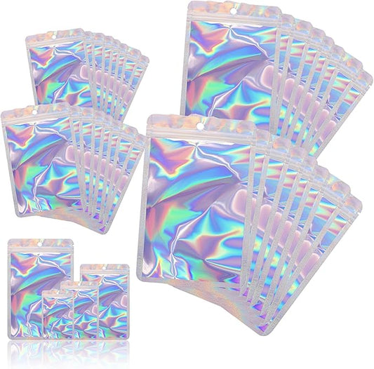 400 Pack 4 Size Bags with Clear Window,Scratch Resistant Hand Holographic Packaging Pouch,Resealable Bag for Small Bussiness Cookies Jewelry Candy Sample (Holographic, 2.4×3.9,3x4.7,4×7,5.5×7.9 inch)