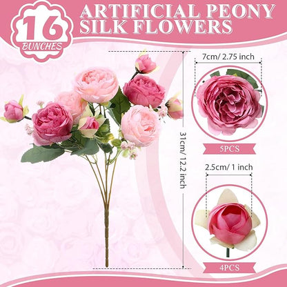 16 Bundles Artificial Peonies Silk Peonies Faux Flower Bouquet Fake Peony Flower Arrangements Table Centerpieces for Vase Wedding Party Boho Home Office Decoration Bulk (Rose Red, Pink)