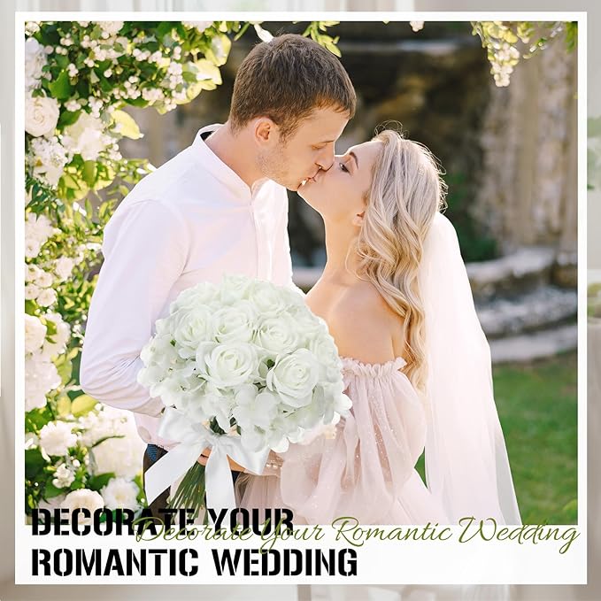 Havawish 60 Pcs Artificial Roses Fake Hydrangea Flowers with Stems, 30 Artificial Hydrangea 30 Fake Roses, Bridal Bouquet Realistic Faux White Flower Bulk for Wedding Garden Decorations