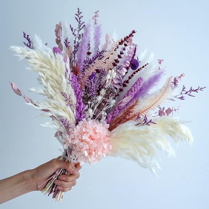 MUYEJI Natural Dried Flowers Pampas Grass Bouquet, Boho Home Table Decor, White & Purple Pampas Grass, Fluffy Dried Flower Arrangement for Table Centerpiece, Home Office Wedding Decorations
