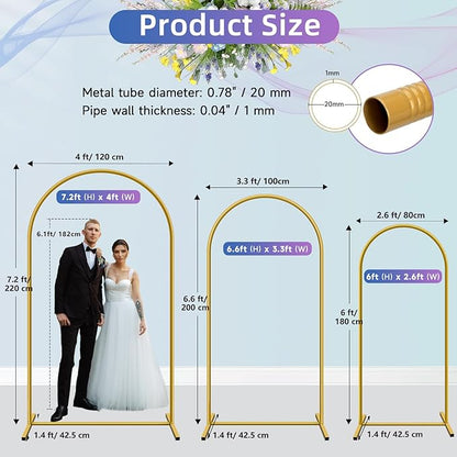 Hemmotop Metal Arch Backdrop Stand, 7.2FT+6.6FT+6FT Wedding Arches for Backdrop, Gold Background Arch Stands Set of 3, Flower Arches Frame for Birthday Party, Baby Shower, Graduation, Garden Décor