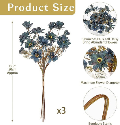 3 Bundles Artificial Daisy Flowers with Branches for Autumn Floral Arrangements, 20" Faux Wildflowers Mums Sprays for Fall Decor, Wedding Centerpieces, Fake Chrysanthemums Silk Flowers in Cyan Blue