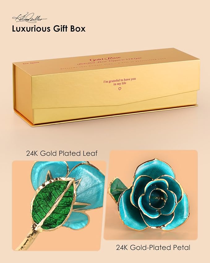 24K Gold Dipped Rose – Handpicked Real Rose in 24K Gold – Dreamy, One-of-a-Kind Romantic Gift for Her – Perfect for Birthday, Anniversary, Mother’s Day, Valentine’s (Turquoise Blue)