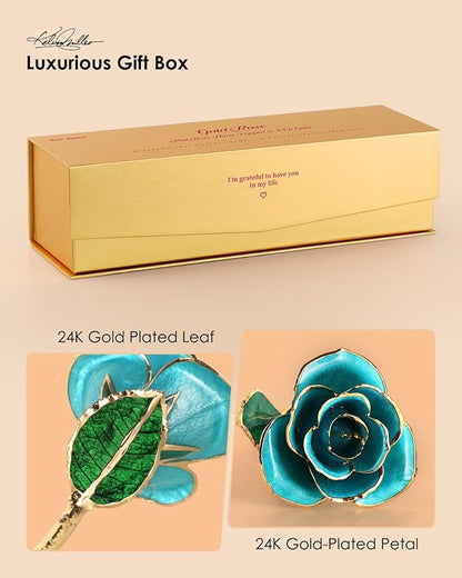 24K Gold Dipped Rose – Handpicked Real Rose in 24K Gold – Dreamy, One-of-a-Kind Romantic Gift for Her – Perfect for Birthday, Anniversary, Mother’s Day, Valentine’s (Turquoise Blue)