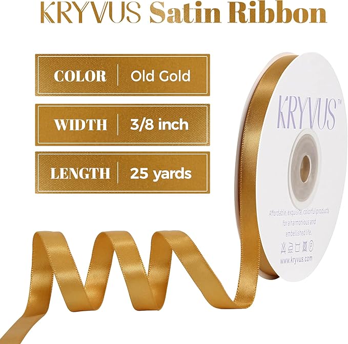 Old Gold Satin Ribbon, Double Faced 3/8 Inch X 25 Yards Old Gold Ribbon, Premium Satin Ribbon for Gift Wrapping, Crafts, Hair Bow Making, Sewing, Flower Bouquet, Wedding Party Decor