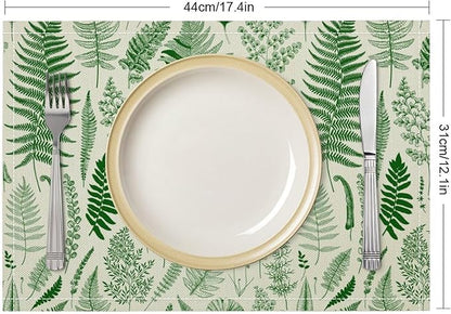 Vintage Leaves Placemats Set of 6, 17x12 Inch Green Boho Abstract Aesthetic Tropical Botanical Leaves Modern Art Printed Table Mats for Home Party Kitchen Dining Decor