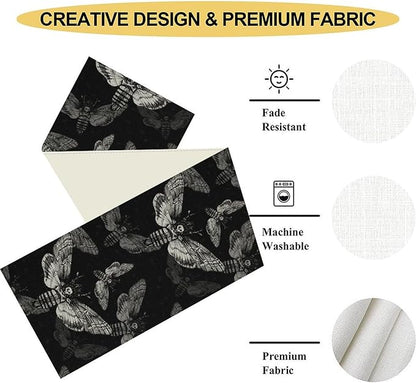 Gothic Moth Table Runner, Boho Gothic Mystical Witchy Skull Retro Farmhouse Coffee Table Center Decor for Home Kitchen Dining Patio Holiday Party Table Decorations 13x108 inches