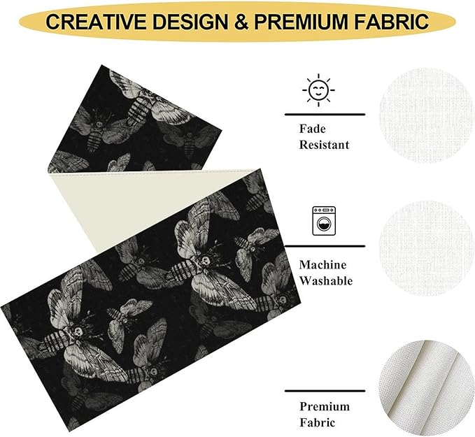 Gothic Moth Table Runner, Boho Gothic Mystical Witchy Skull Retro Farmhouse Coffee Table Center Decor for Home Kitchen Dining Patio Holiday Party Table Decorations 13x72 inches