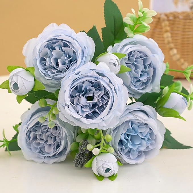 ASTRYAS Blue Artificial Flowers, 3PCS Fake Peony Flower Silk Peonies Faux Flowers Arrangements Table Centerpieces for Wedding Office Party Home Decoration Baby Shower(Light Blue)