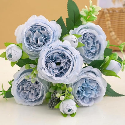ASTRYAS Blue Artificial Flowers, 3PCS Fake Peony Flower Silk Peonies Faux Flowers Arrangements Table Centerpieces for Wedding Office Party Home Decoration Baby Shower(Light Blue)