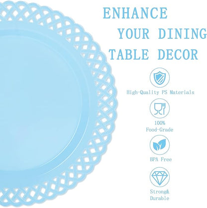 COLOSUS 60Pcs Blue Plastic Plates, Fancy Blue Hanukkah Plates, Nice Scallop plates,Heavy Duty Lace Hollowed Out Plate Set include 30 Dinner Plate 10” and 30 Salad/Dessert Plate 7.5”for Hanukkah