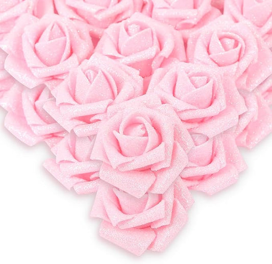 IPOPU Artificial Roses,50PCS Pink Glitter Roses Bouquet Glitter Flowers for Crafts DIY Wedding Bouquet Home Party Decoration(Pink)