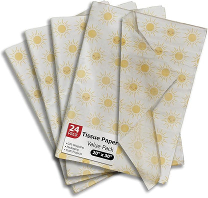 Pro Supply Global Suns Printed Tissue Paper for Gift Bags or Boxes and Wrapping - Summer Sunshine Bulk Decorative Art Tissue Paper for Packaging and Gifting | 24 Sheets 20" x 30"
