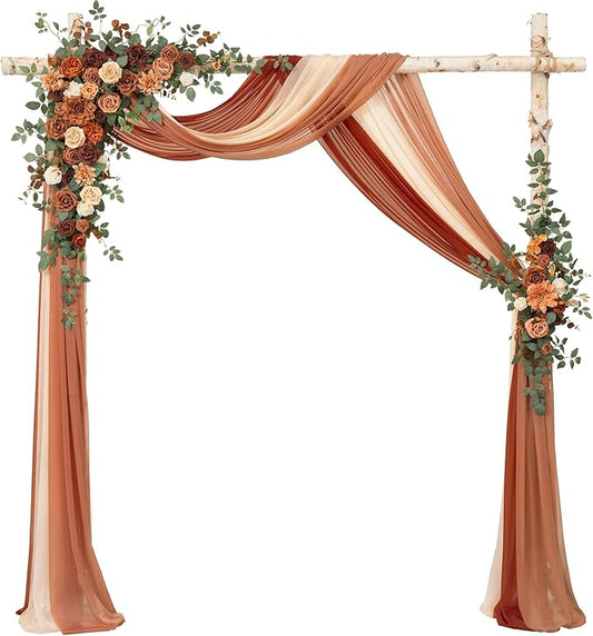 Ling's moment Wedding Arch Flowers with Drapes Kit-Pack of 5, 2pcs Flower Arrangements 3pcs Sheer Hanging Drapes Ceremony Arbor Backdrop Artificial Rose Floral Decor, Terracotta & Burnt Orange