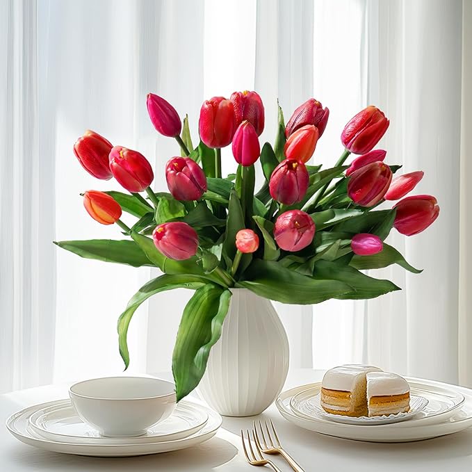 20PCS Fake Tulips Artificial Tulip Silk Flowers Fake PU Bouquet Artificial Flowers Faux Flowers with Gift Box Soft Faux Tulips Bouquets Arrangements for Party Wedding Home