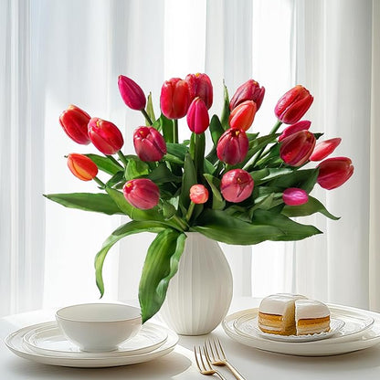 20PCS Fake Tulips Artificial Tulip Silk Flowers Fake PU Bouquet Artificial Flowers Faux Flowers with Gift Box Soft Faux Tulips Bouquets Arrangements for Party Wedding Home