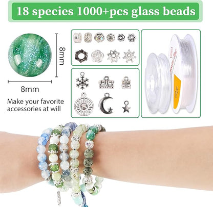 Tunmiok Glass Beads for Jewelry Making Kit with Metal Charms & Crystal String - Includes Spacers, Flower Holders - Bracelet kit, Necklace, Earring Set Supplies for Adults (Green)