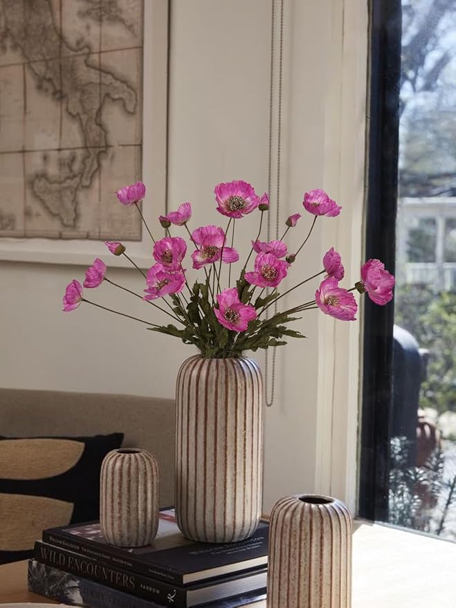 IPOPU Artificial Poppies 6PCS Fuschia Silk Flowers with Stems Hot Pink Poppies Flowers Artificial Realistic Floral Arrangements for Wedding Centerpieces Home Table Party Decor (Fuschia)